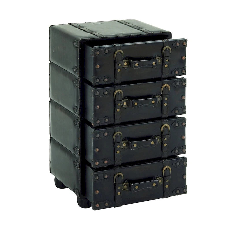 Black Faux Leather Vintage 4-Drawer Storage Chest with Antique Gold Buckle Strap Details