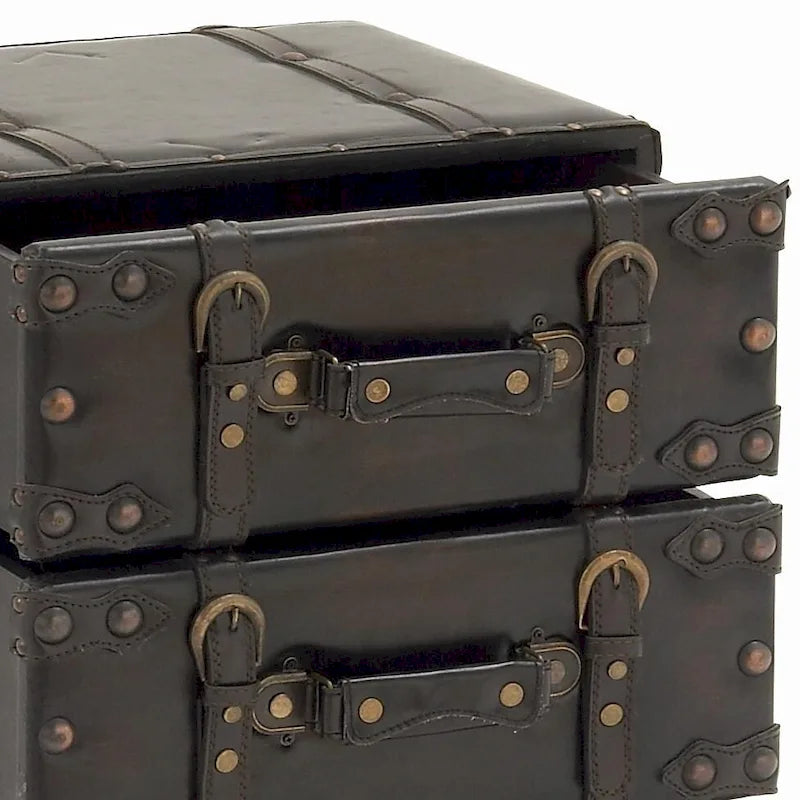 Black Faux Leather Vintage 4-Drawer Storage Chest with Antique Gold Buckle Strap Details