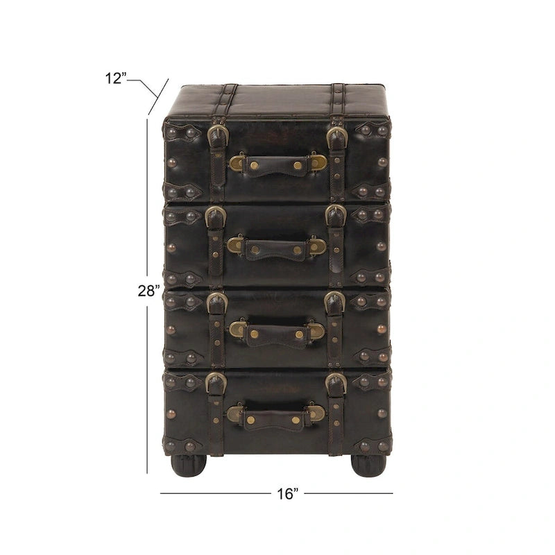 Black Faux Leather Vintage 4-Drawer Storage Chest with Antique Gold Buckle Strap Details